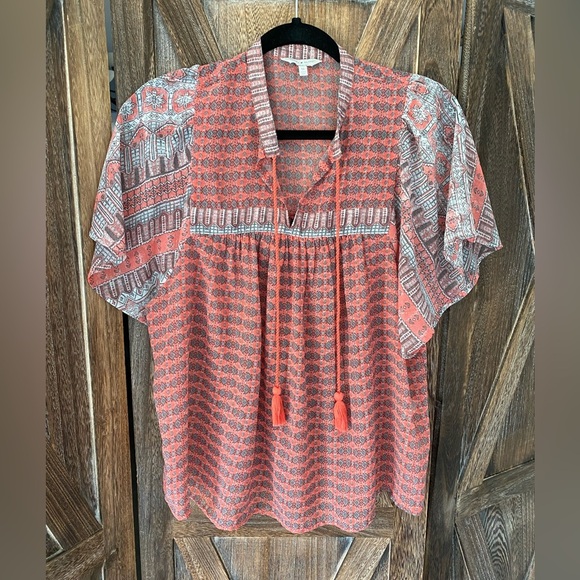 Lucky Brand Red White & Blue Flutter Sleeve Patterned Top Blouse - Picture 1 of 7